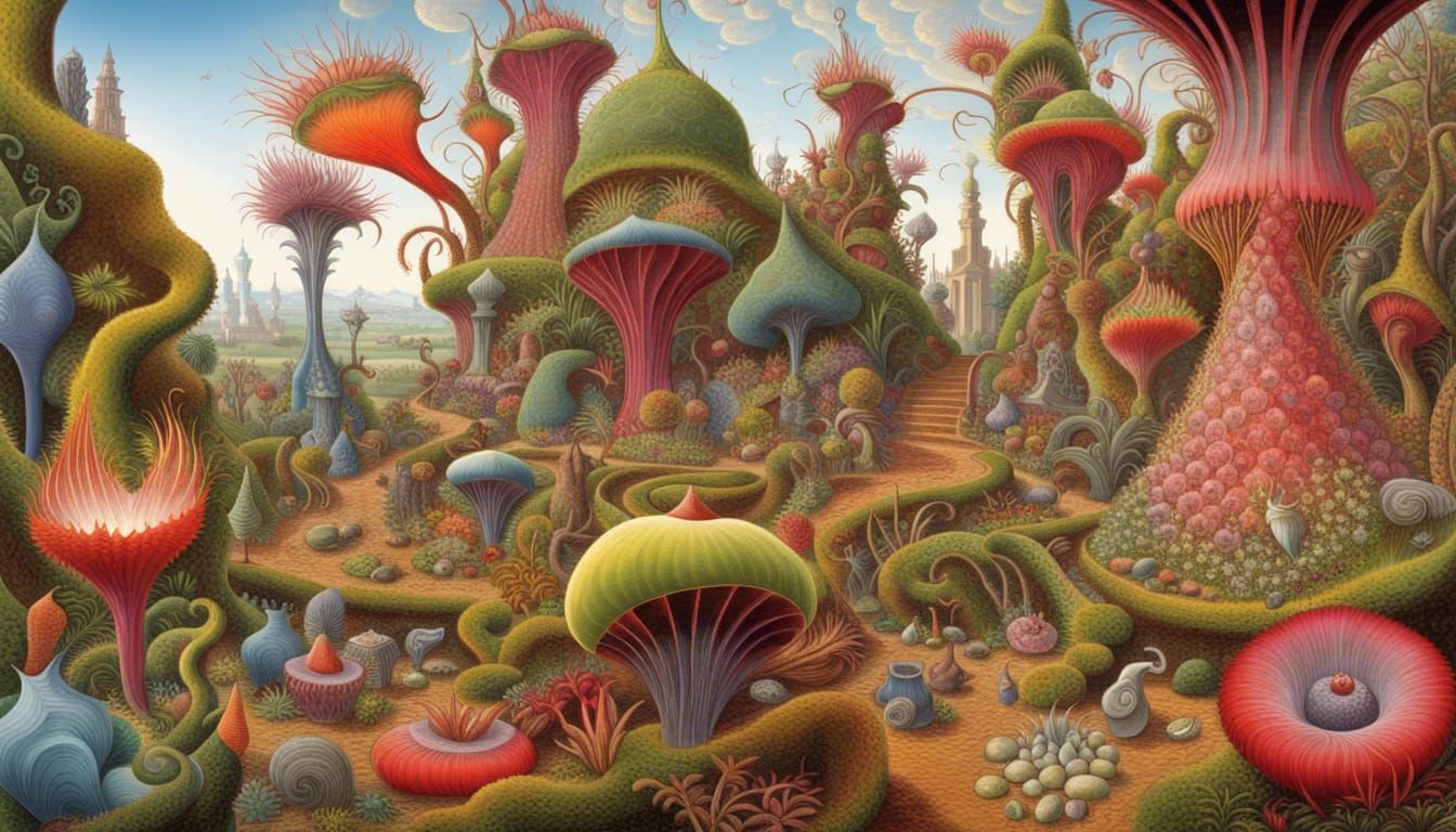 Surreal Crystal Garden with Hieronymus Bosch Demons