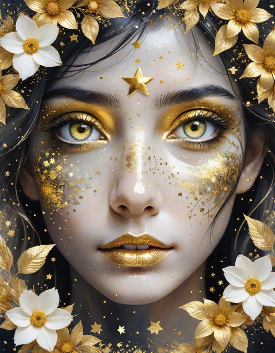 Golden Eyes with Stars: Watercolor Double Exposure