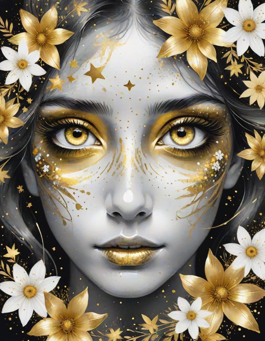 Golden Eyes with Stars and Flowers in Watercolor