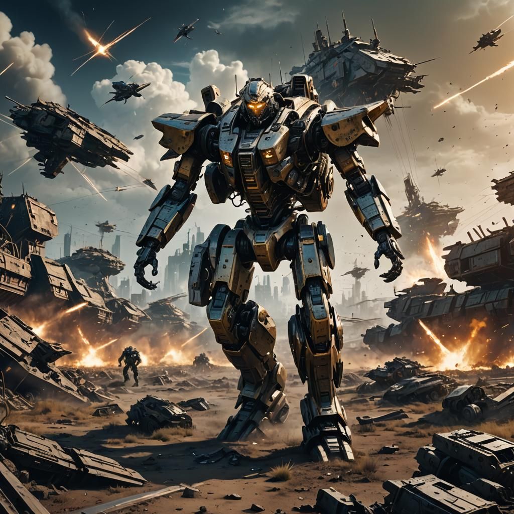 Cyberpunk Robot on Battlefield Under Aerial Battleships