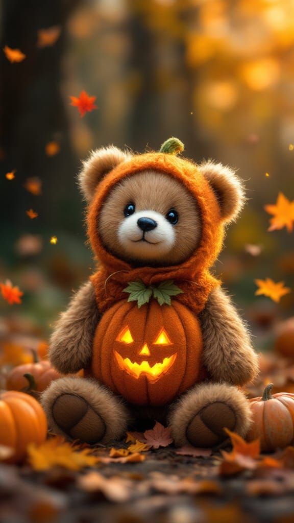 Adorable Felted Bear in Pumpkin Costume Amidst Autumn Leaves