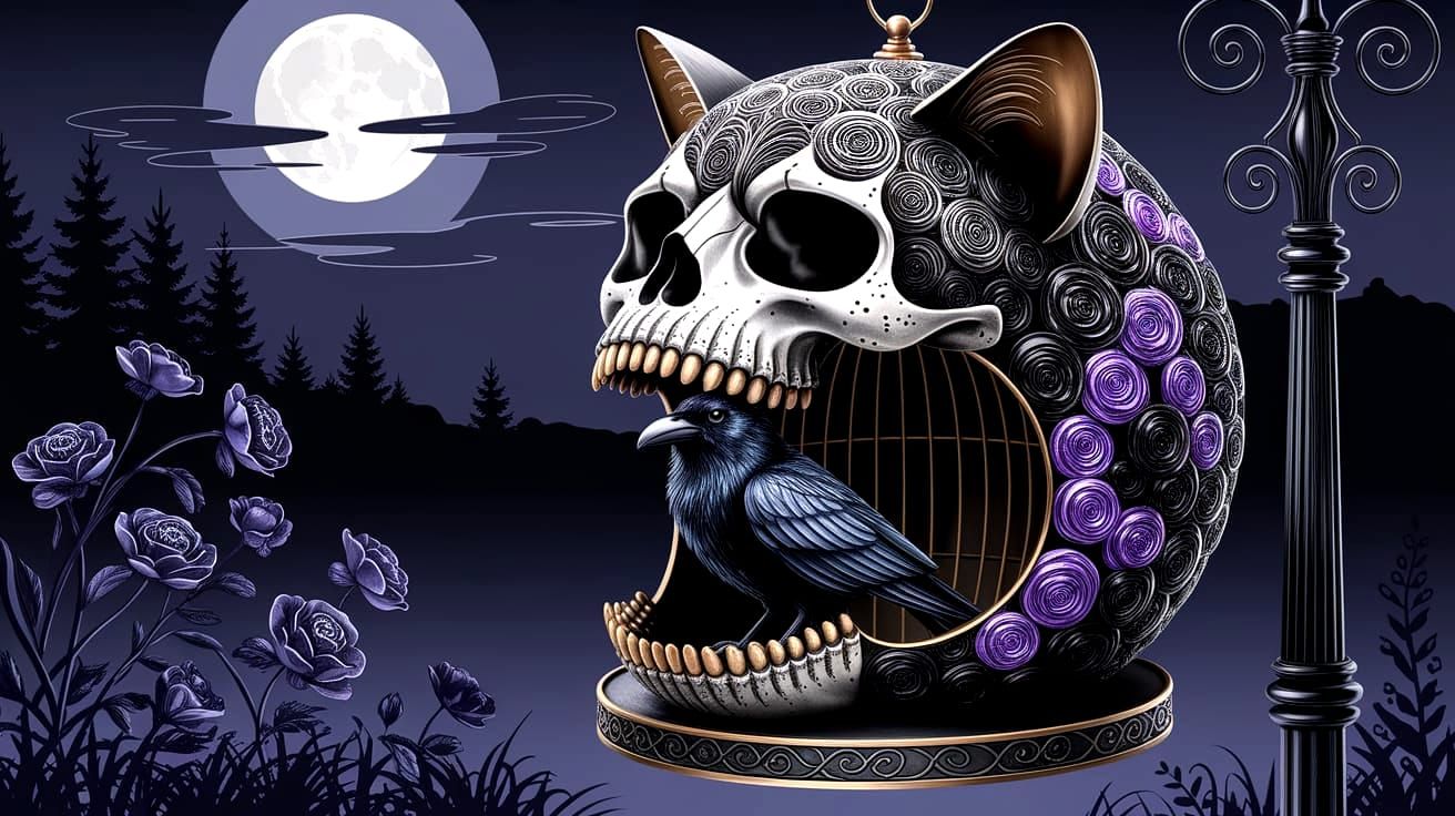 Silver Cat Skull Birdcage with Raven in Moonlight Garden
