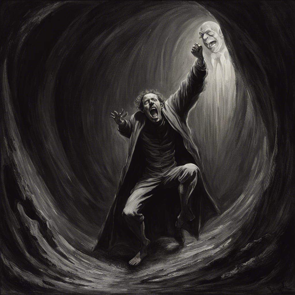 Monochrome Oil Painting: Man's Pain in Dark Cave