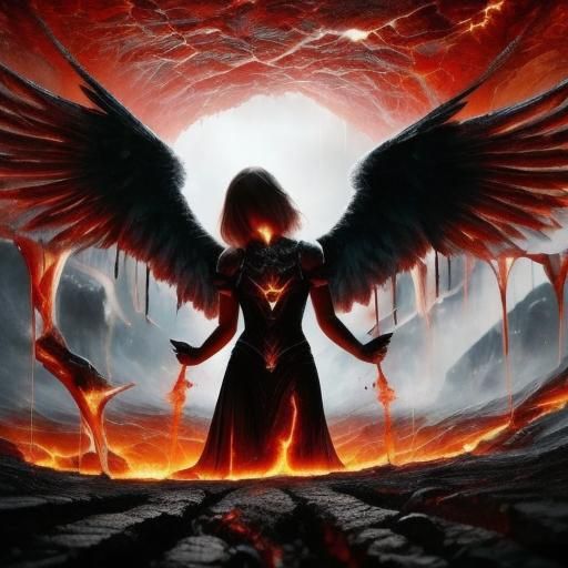 Fiery Descent: Angel Falling into Lava