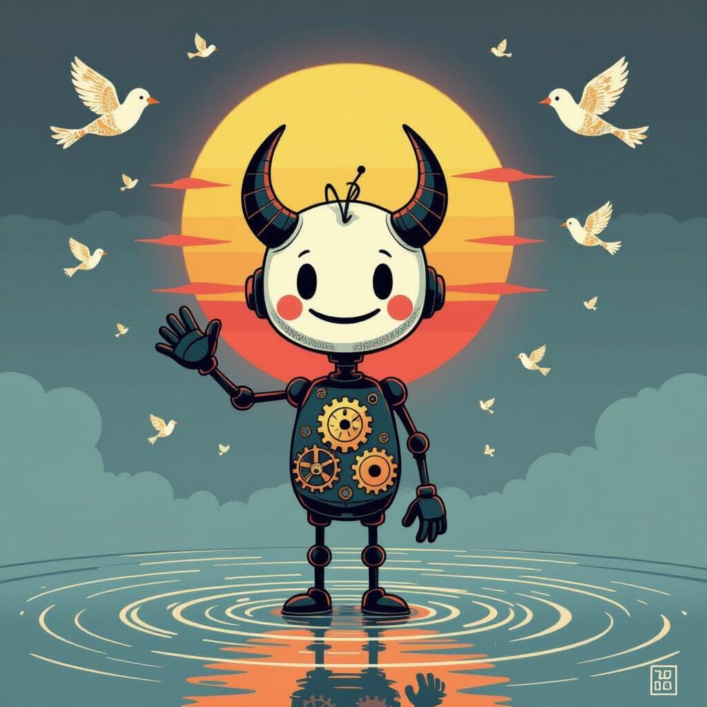 Smiling Horned Stick Figure in Minimalist Steampunk Digital ...