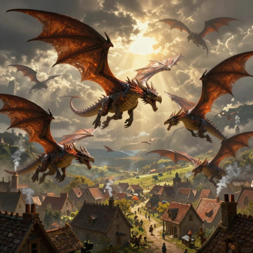 Epic Dragon Swarm Over Medieval Village, Realistic Digital A...