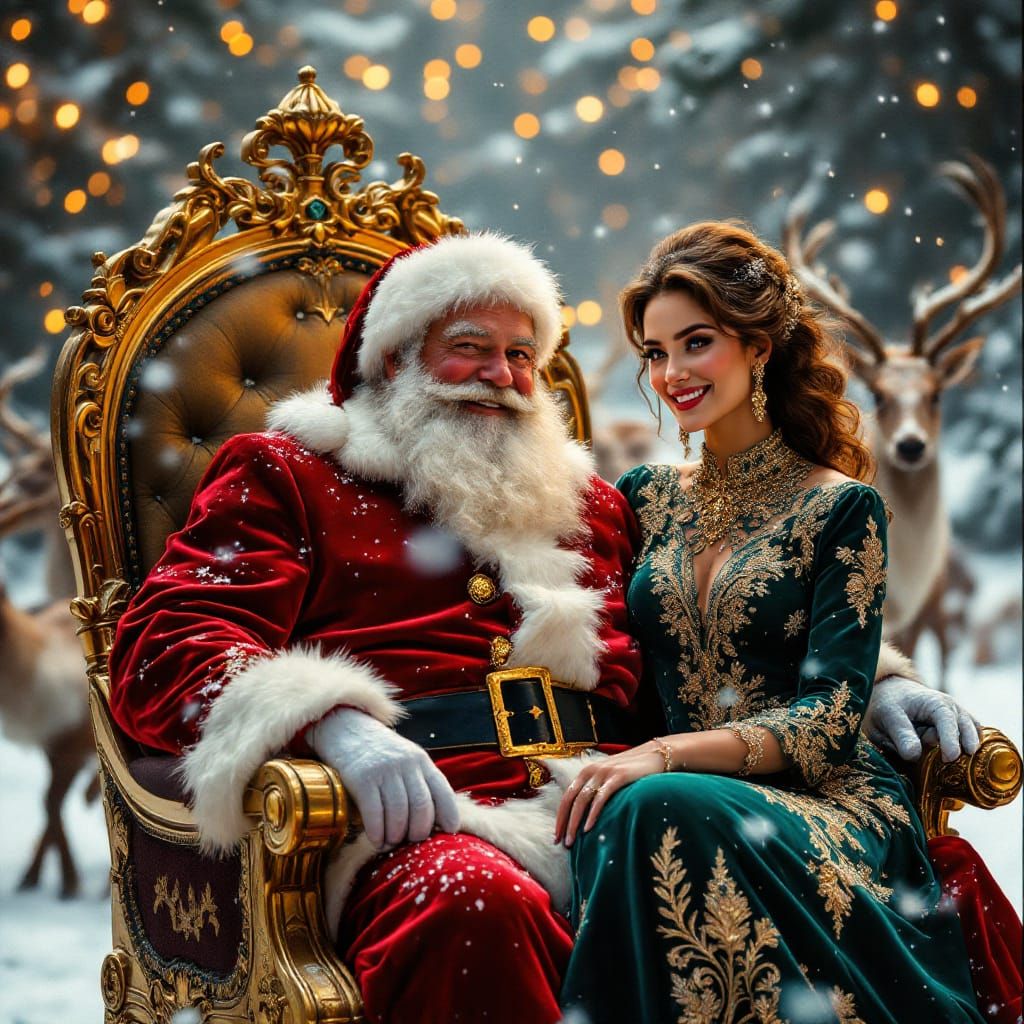Festive Christmas Scene: Santa on Golden Throne with Compani...