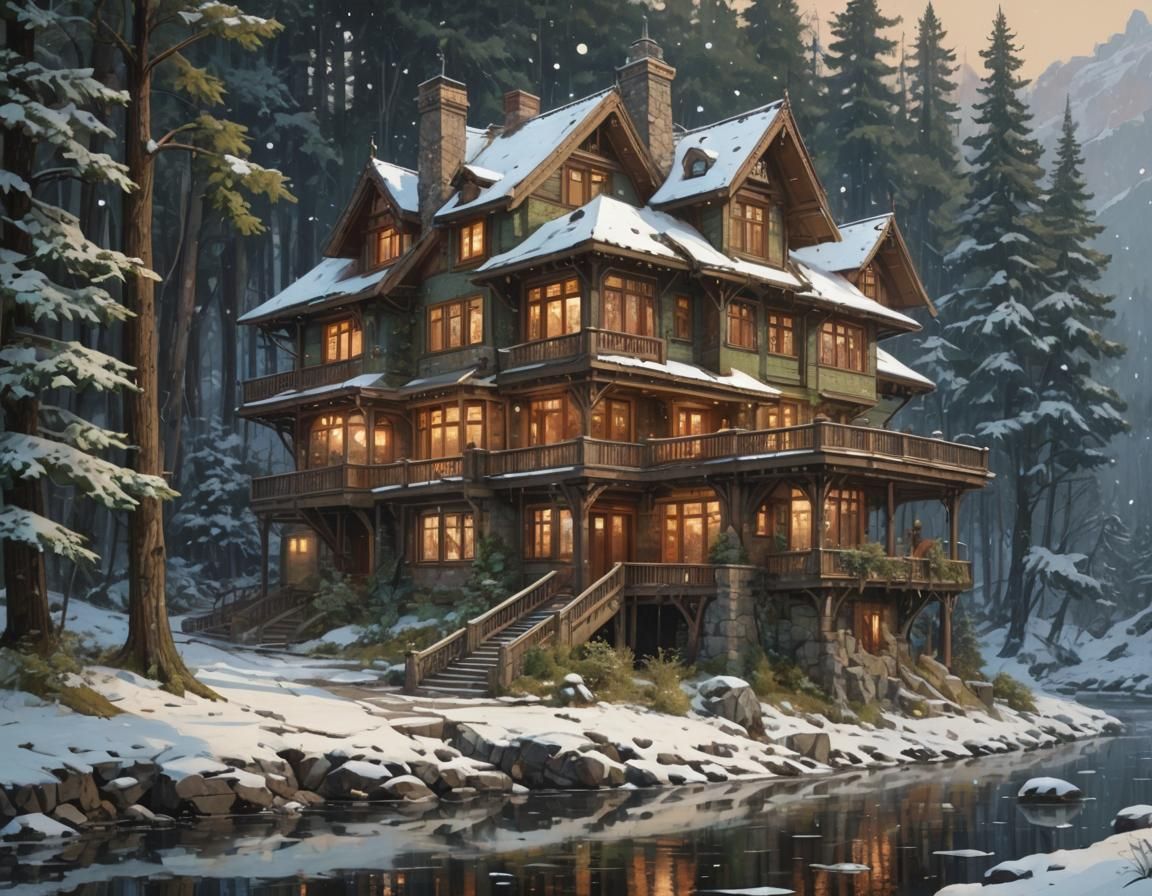 Sci-Fi House in Forest at Night: Pointillism Textures