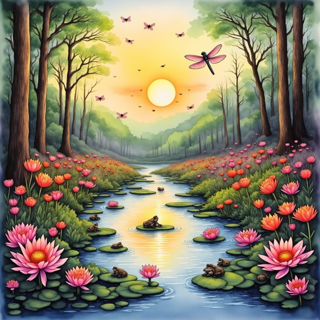 Dragonfly in Lagoon Garden with Marsh Flora