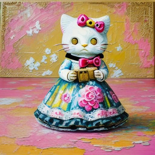 Hello Kitty as Rococo Maneki Neko in Impasto
