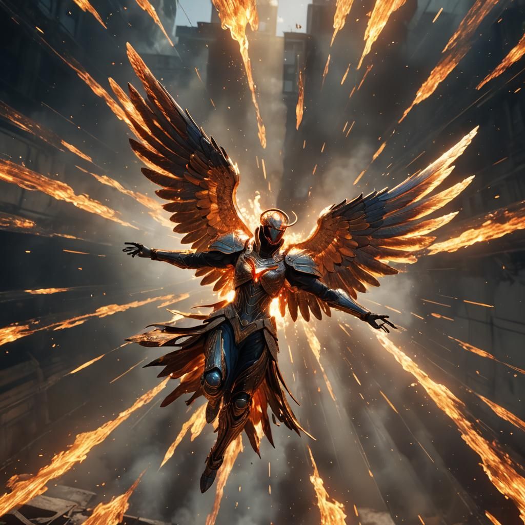 Fiery Angel in Flight with Tetradic Colors