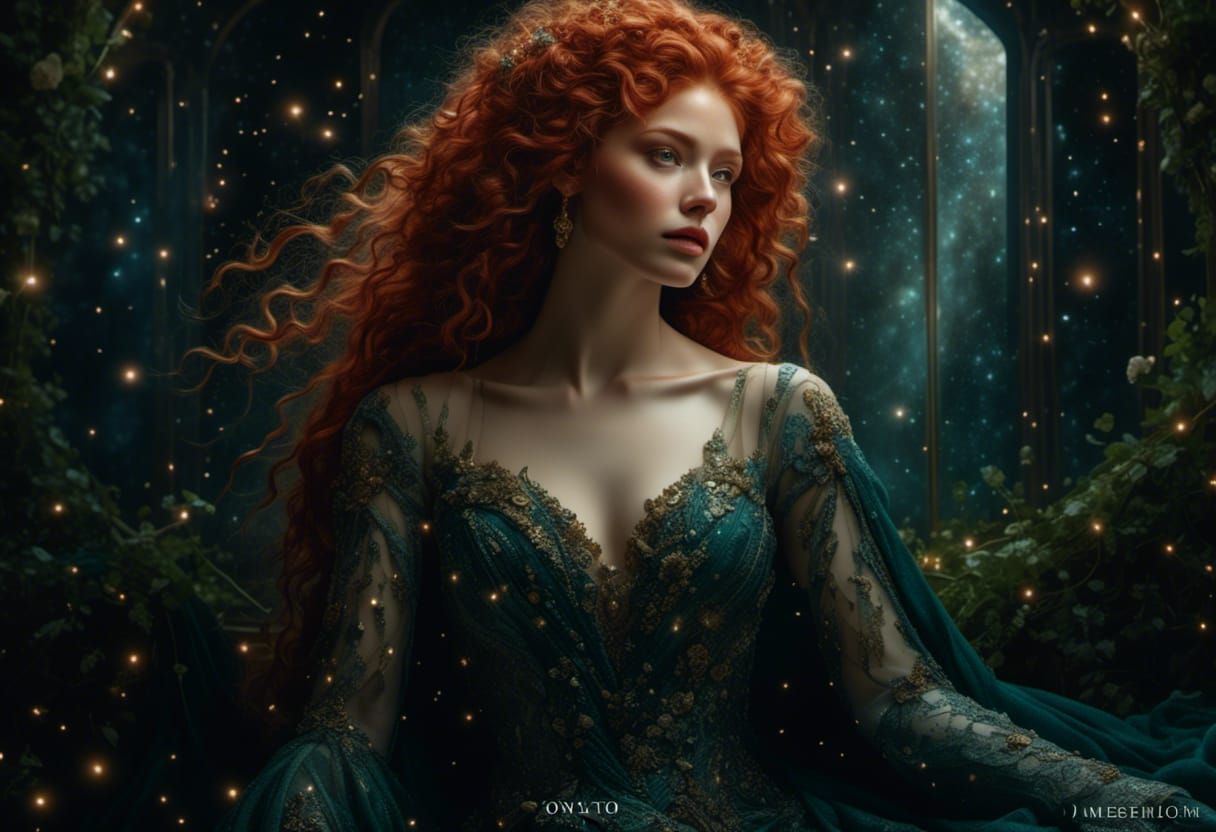 Red-Haired Goddess Portrait with Sparkles and Lace