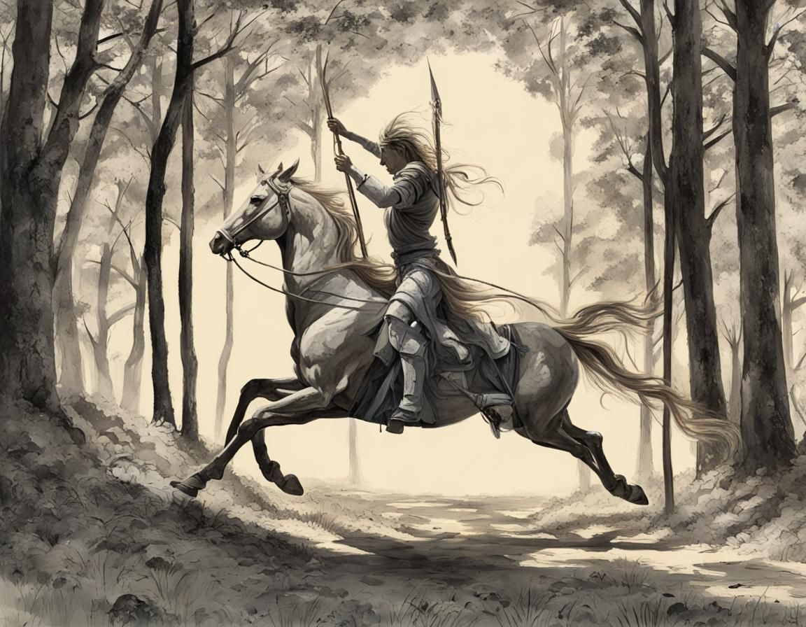 Sagittarius Centaur Rides Through Forest Clearing