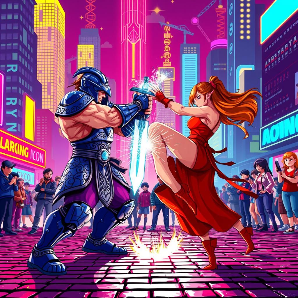 n a vibrant pixel art scene, two fierce warriors stand poise...