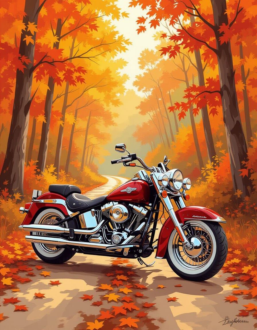 Harley Davidson in Autumnal Gouache and Watercolor