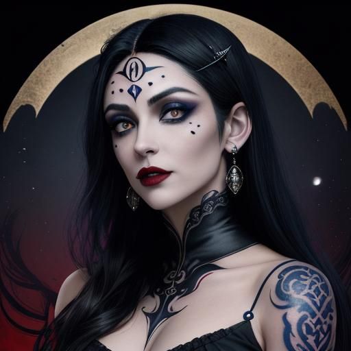 Vampire Woman with Crescent Moon Tattoos
