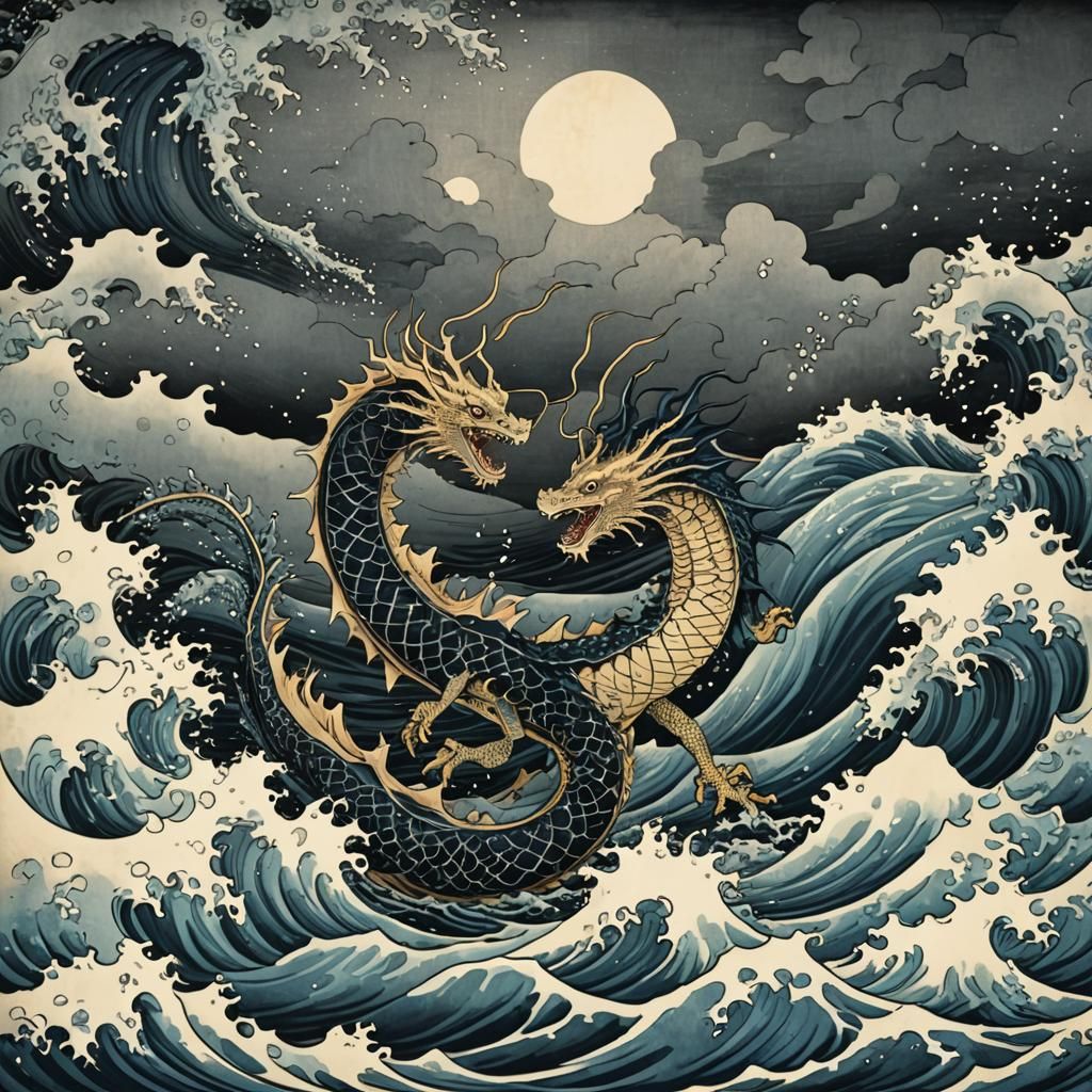 Seadragon in Maelstrom: Ukiyo-E Woodcut