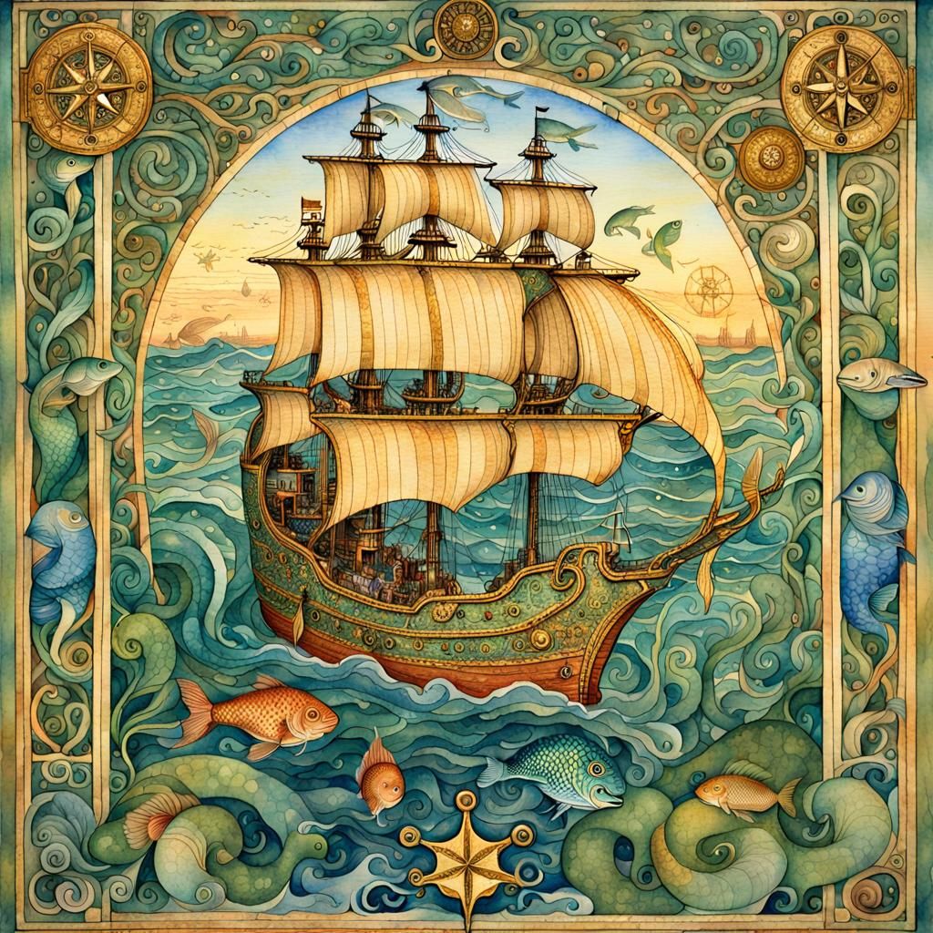Mermaid and Pirate Ship: Illuminated Manuscript Style