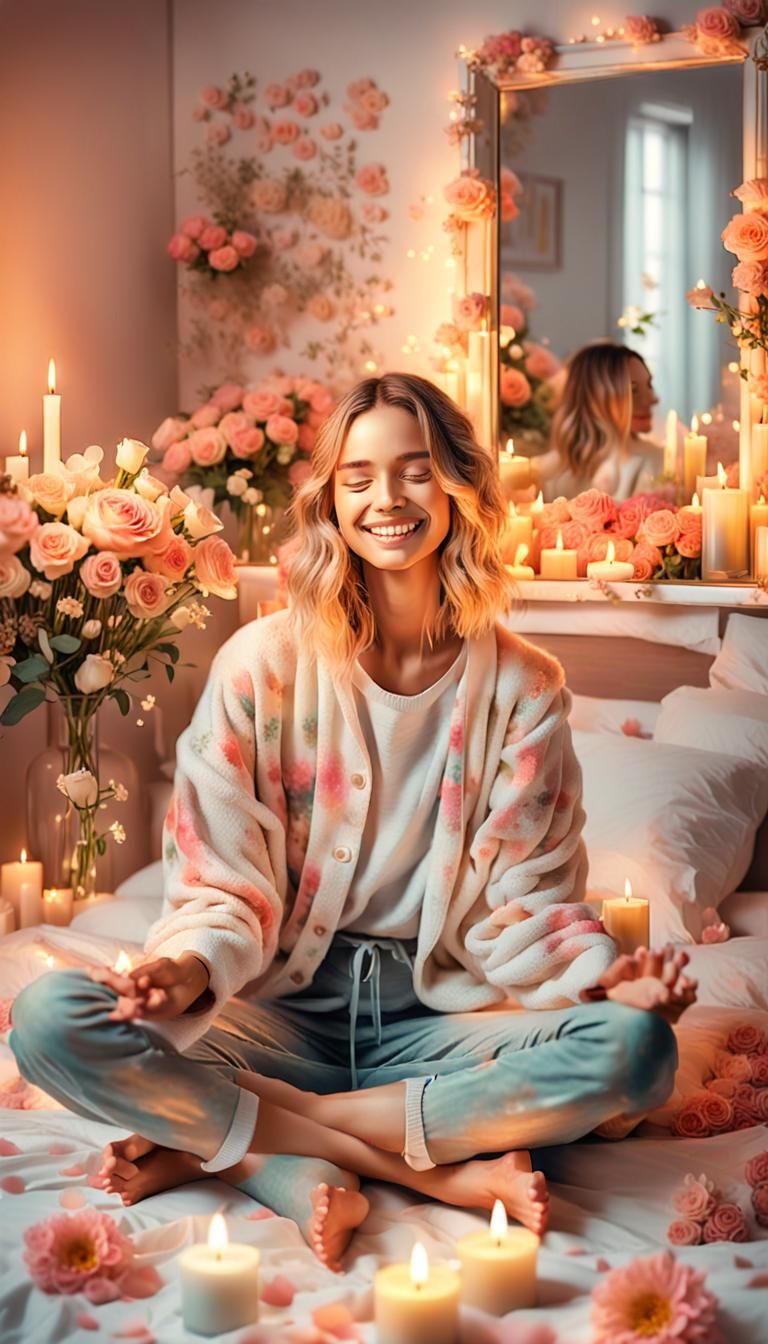 Meditative Woman Surrounded by Flowers in Watercolor Art