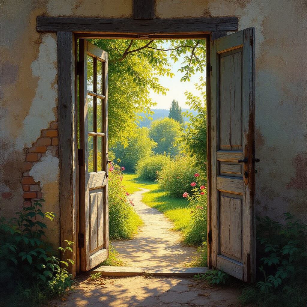 Weathered Doorway to Sunlit Impressionistic Landscape
