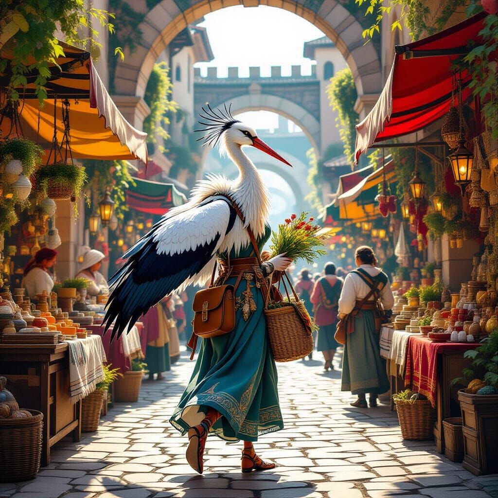 Stork-Woman Hybrid in Medieval Fantasy City Marketplace