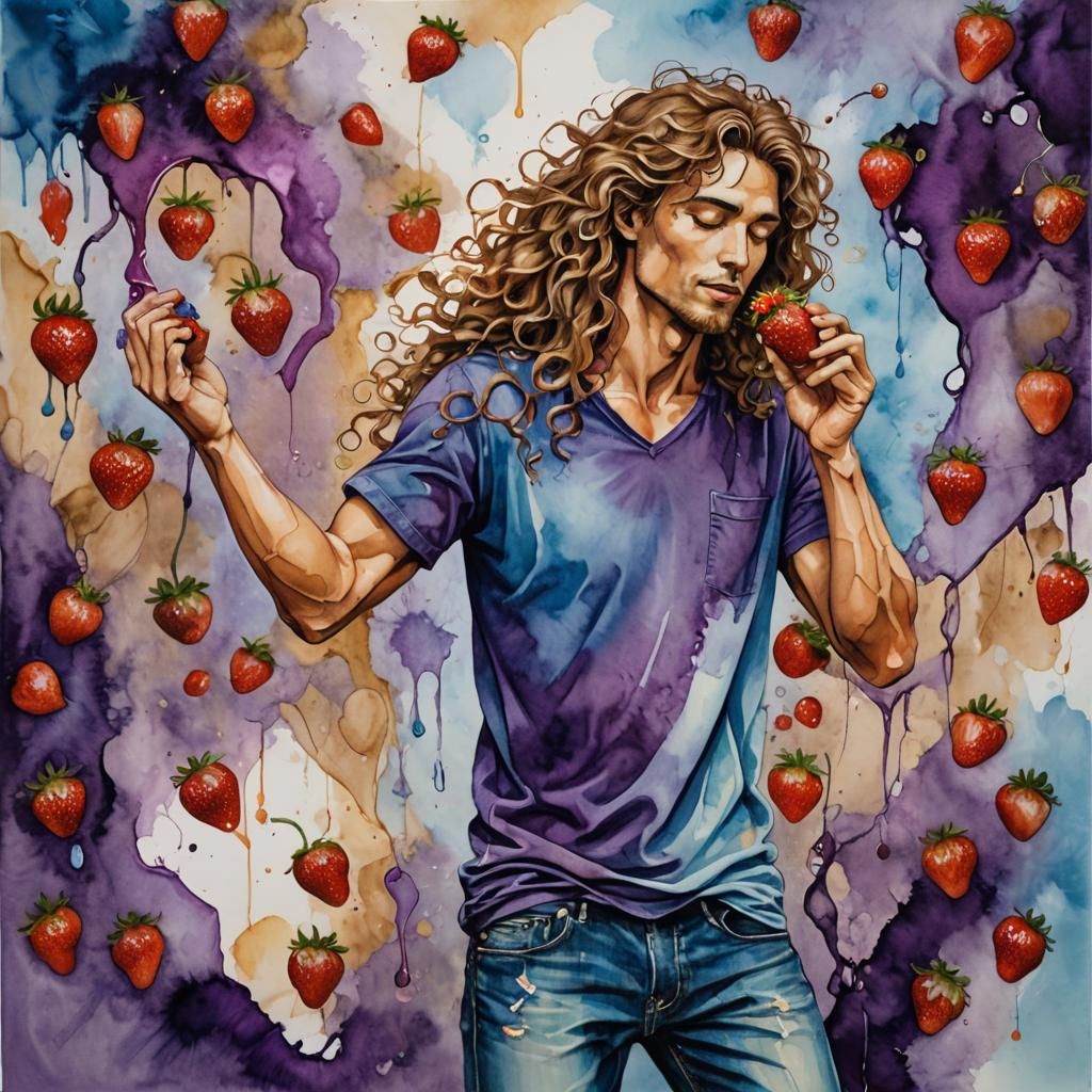 Man Biting Strawberry in Alcohol Inks and Oils