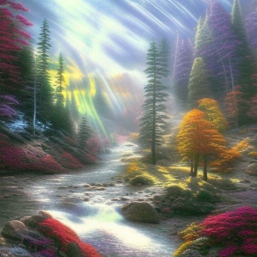 Ethereal Mountain Fantasy Landscape in Kinkade Style