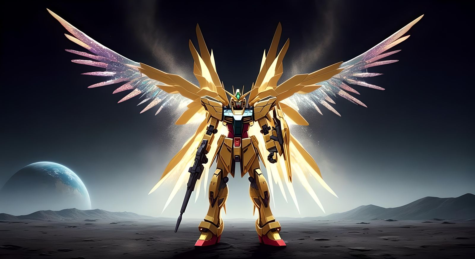 Golden Gundam with Robotic Wings on the Moon