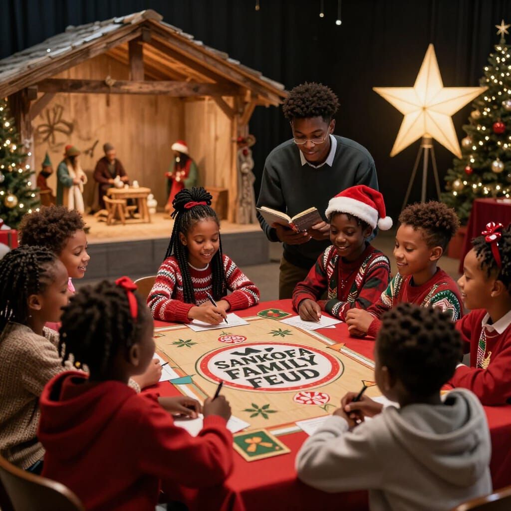 Children Play Sankofa Family Feud in Festive Christmas Scene