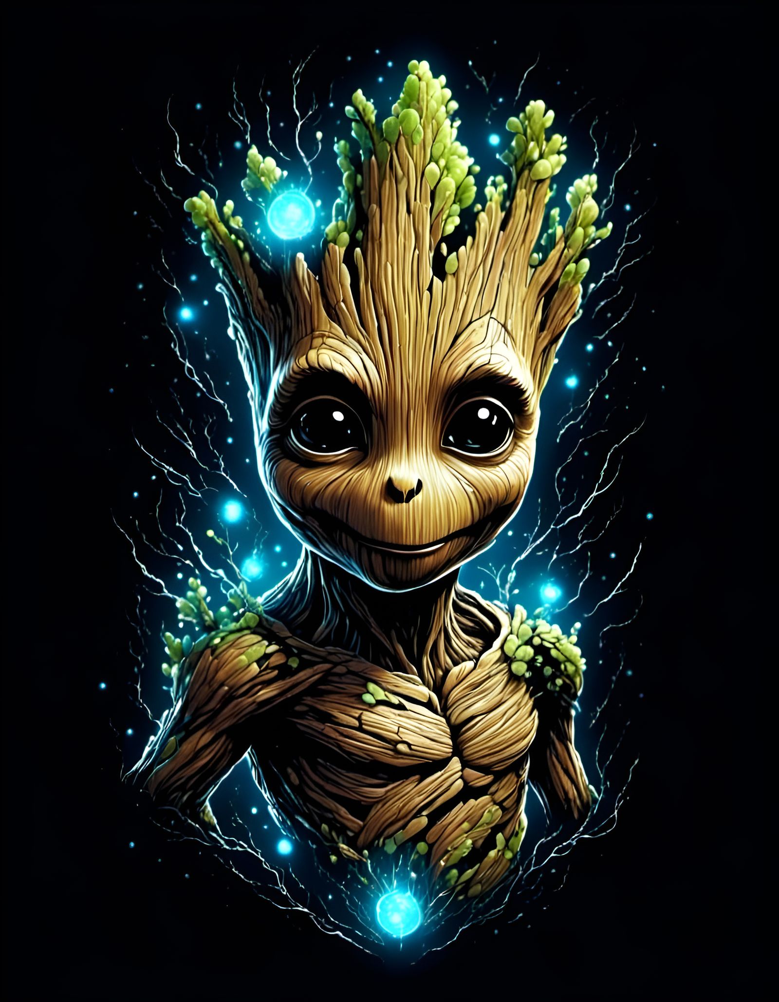 Ancient Groot Bioluminescent Portrait in Line Art