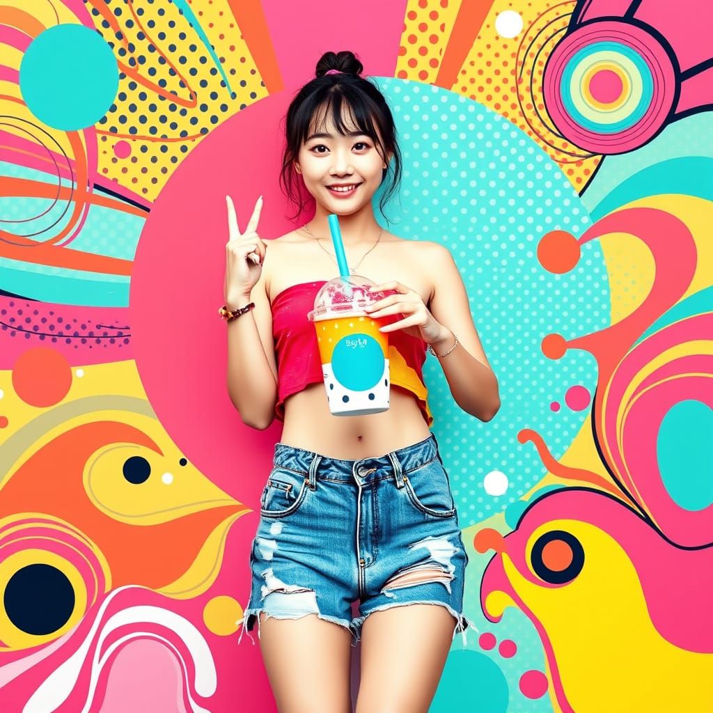 Vibrant Teen in Bold Pop Art Boba Tea Scene