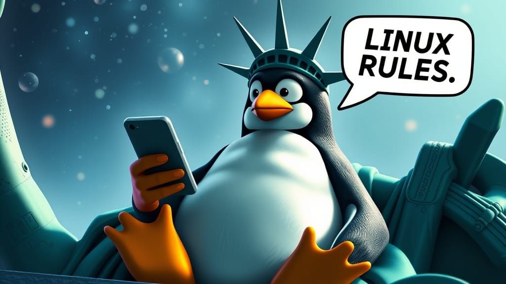 Cyberpunk Penguine in Statue of Liberty Glory