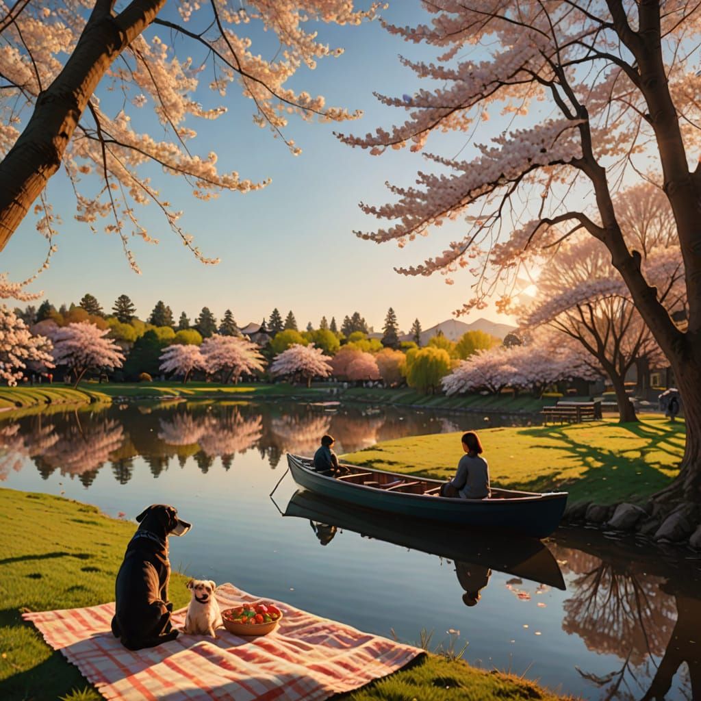 Woman Sets Up Picnic Under Cherry Blossom Tree in Idyllic La...