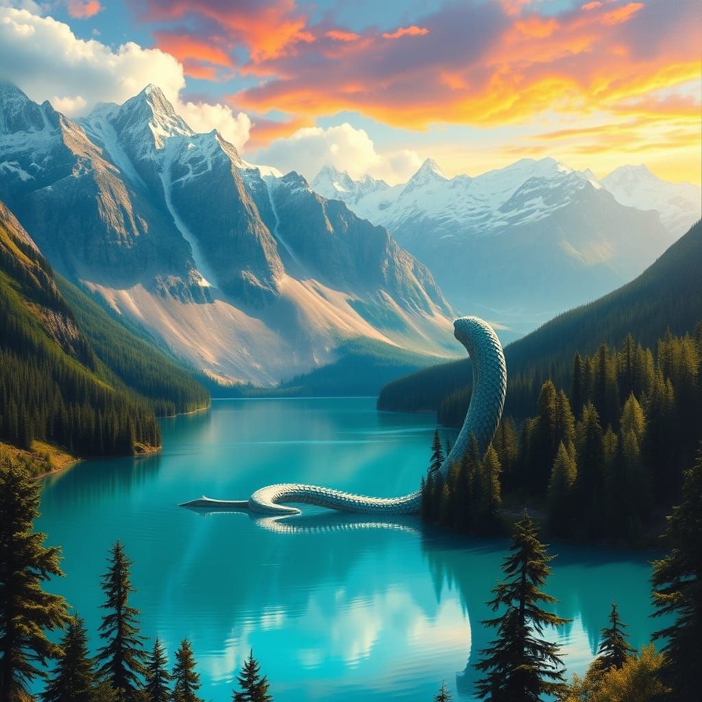 Surreal Lake Landscape with Majestic Mountains and a Mythica...