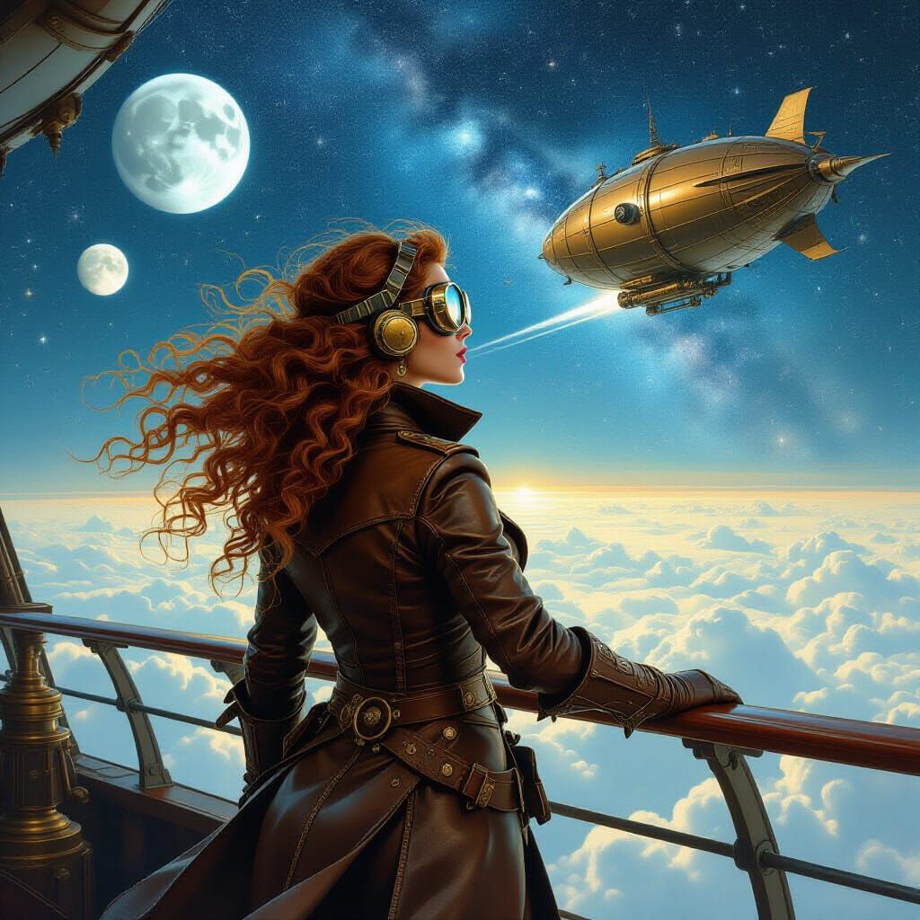 Steampunk Airship Captain Gazing at Starry Night
