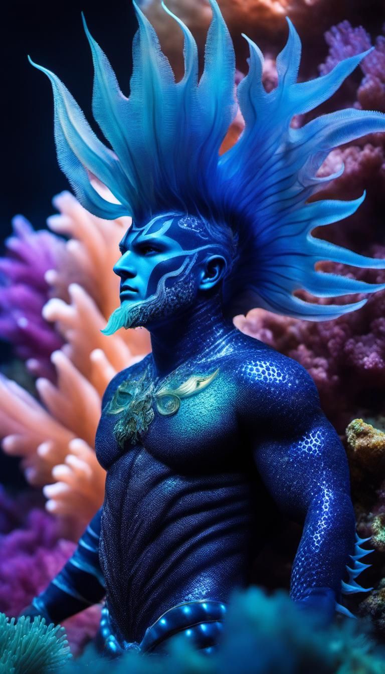 Aquapunk Neptune Warrior in Bioluminescent Reef