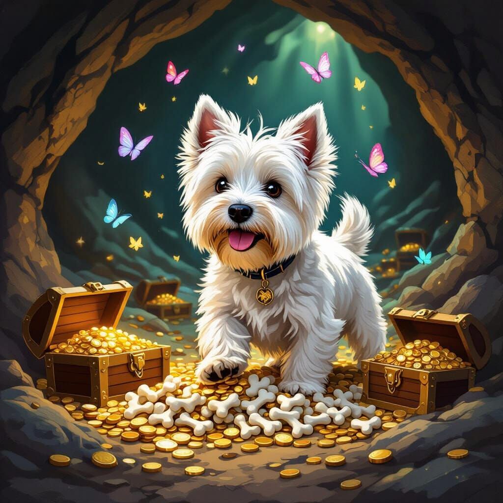 Westie Dog Explores Cave of Treasure and Bones