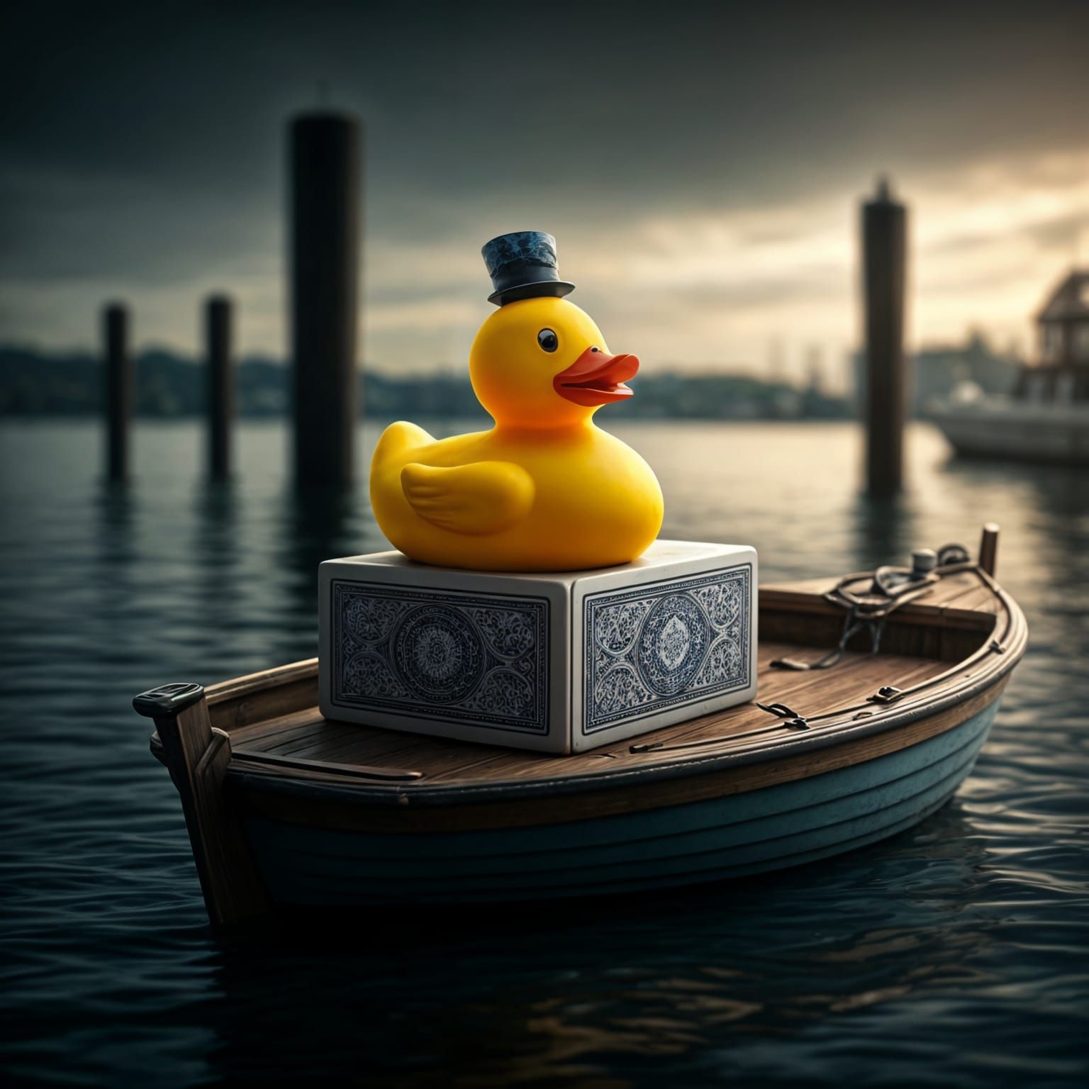 Hyperealistic Rubber Duck on a Boat in Docks
