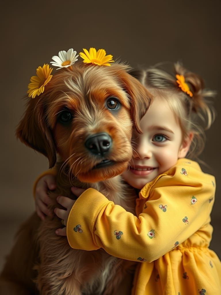 Girl and Puppy Embrace in Warm Art Style