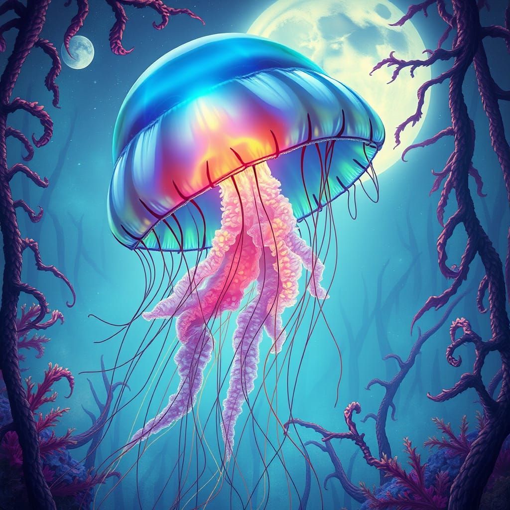 Bioluminescent Jellyfish in Alien Kelp Forest: Art Nouveau