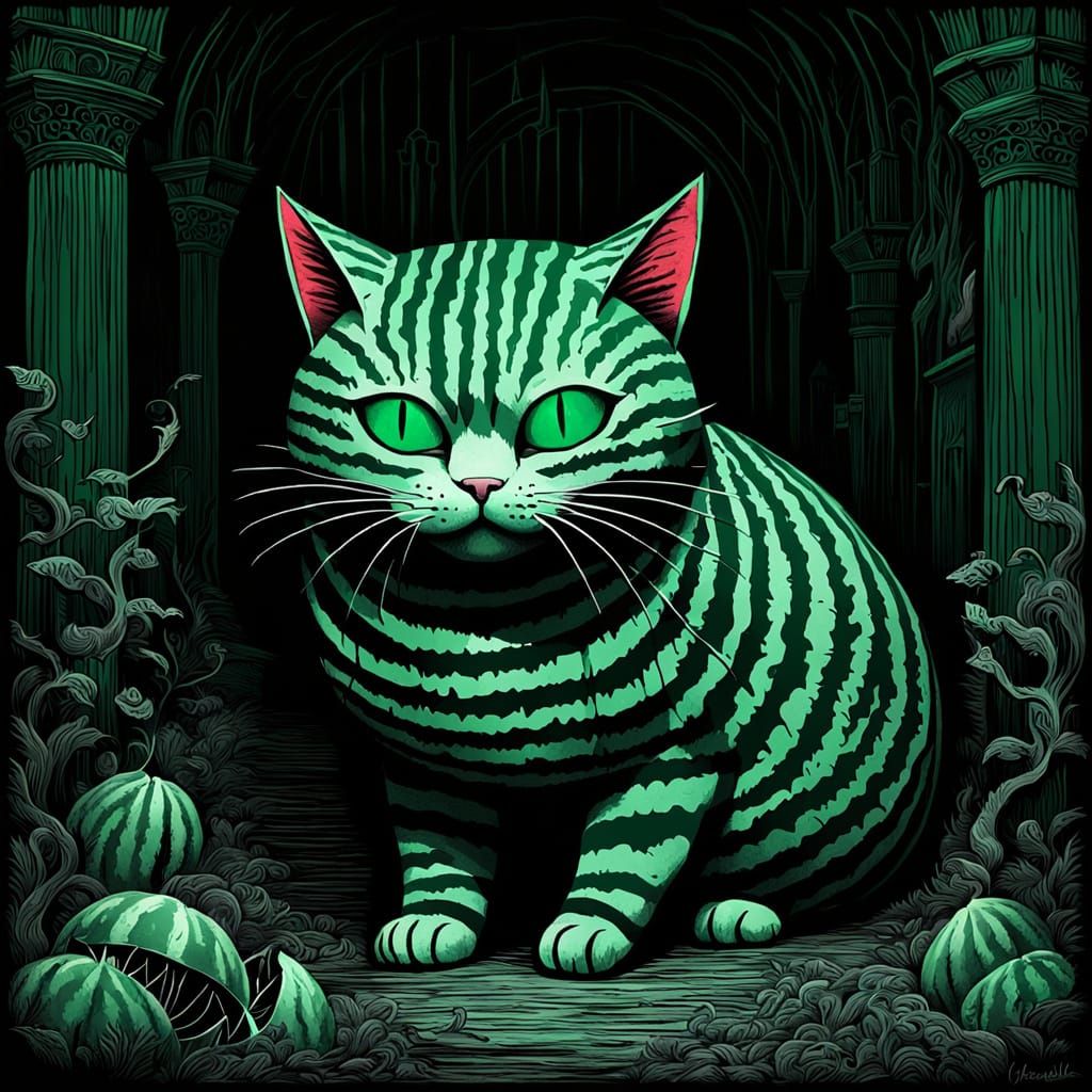 Watermelon Cat in Dark, Eerie Engraving Style