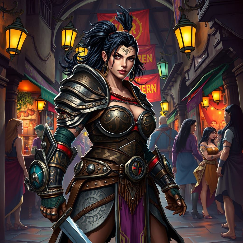 Latina Warrioress Guards Lively Tavern Entrance