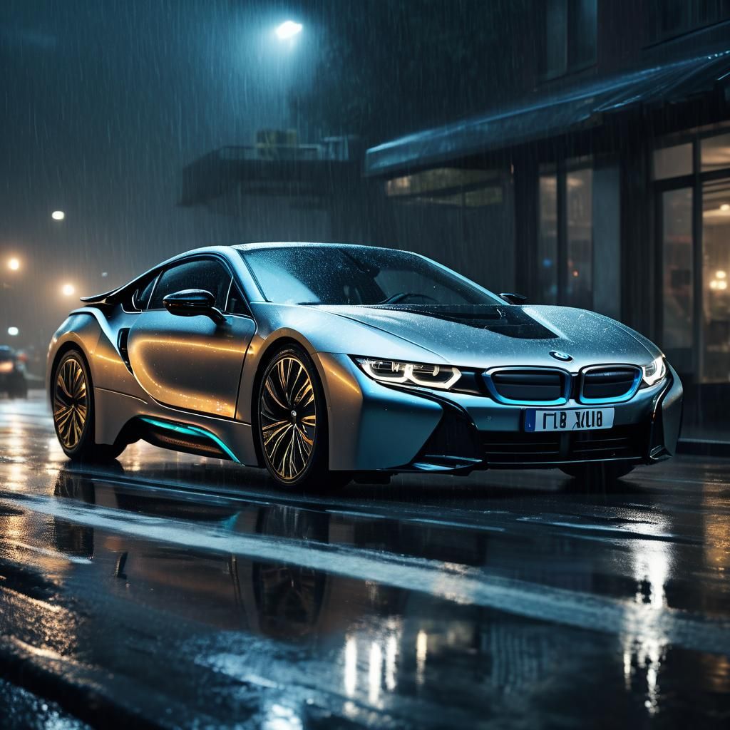 Futuristic BMW i8 Racing in Rainy Night