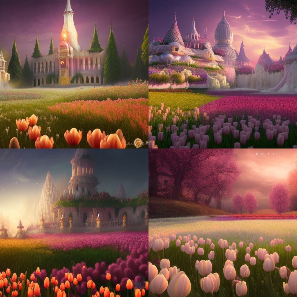 Palace in Tulip Meadow at Sunset