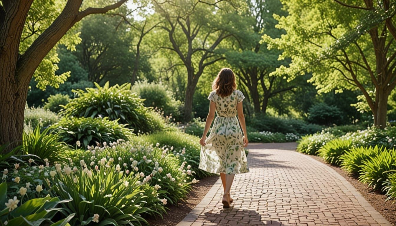 Serene Spring Morning on a Brick Path at Arboretum