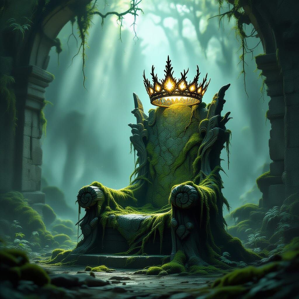 Mossy Stone Throne with Glowing Crown in Ruined Forest