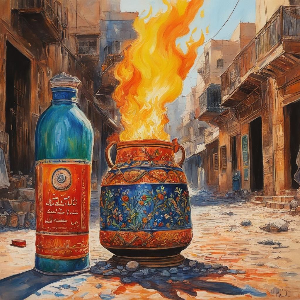 Molotov Cocktail Painting in Gouache Style