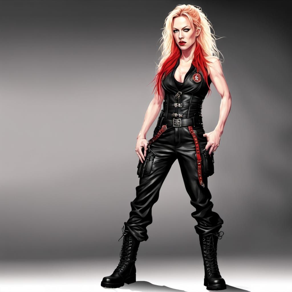 Caricature of Angela Gossow in Red Jumpsuit and Combat Boots