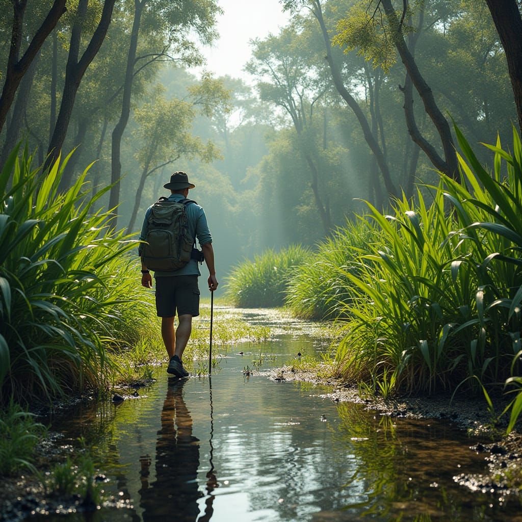 Everglades Hiker in Western Art Style