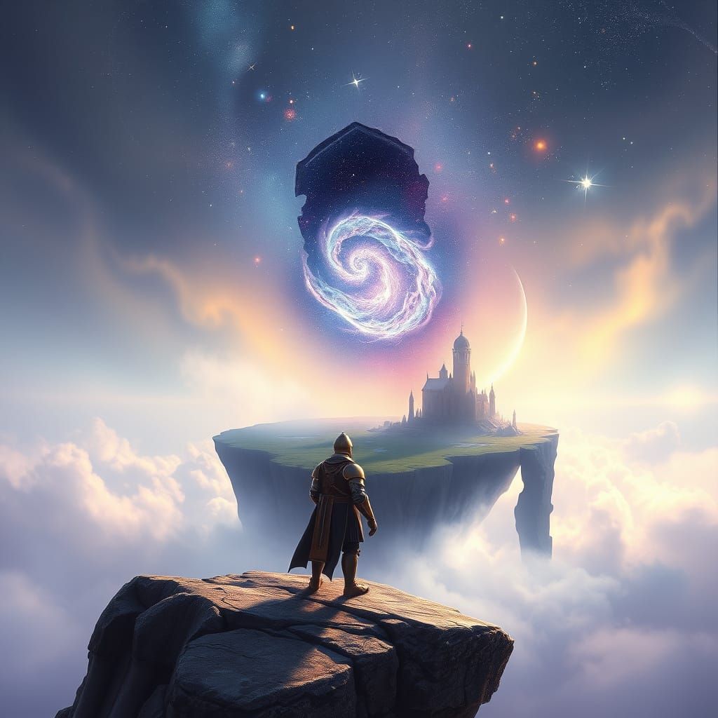 Knight on Floating Island Gazing at Cosmic Sea, Galaxy Helme...